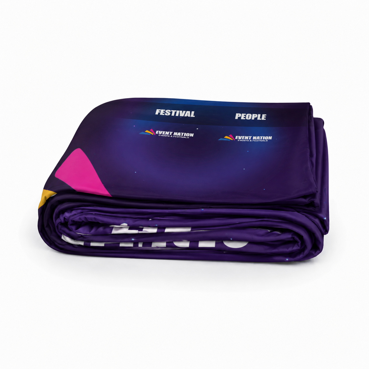 Purple event blanket with 'Festival People' branding on a white background