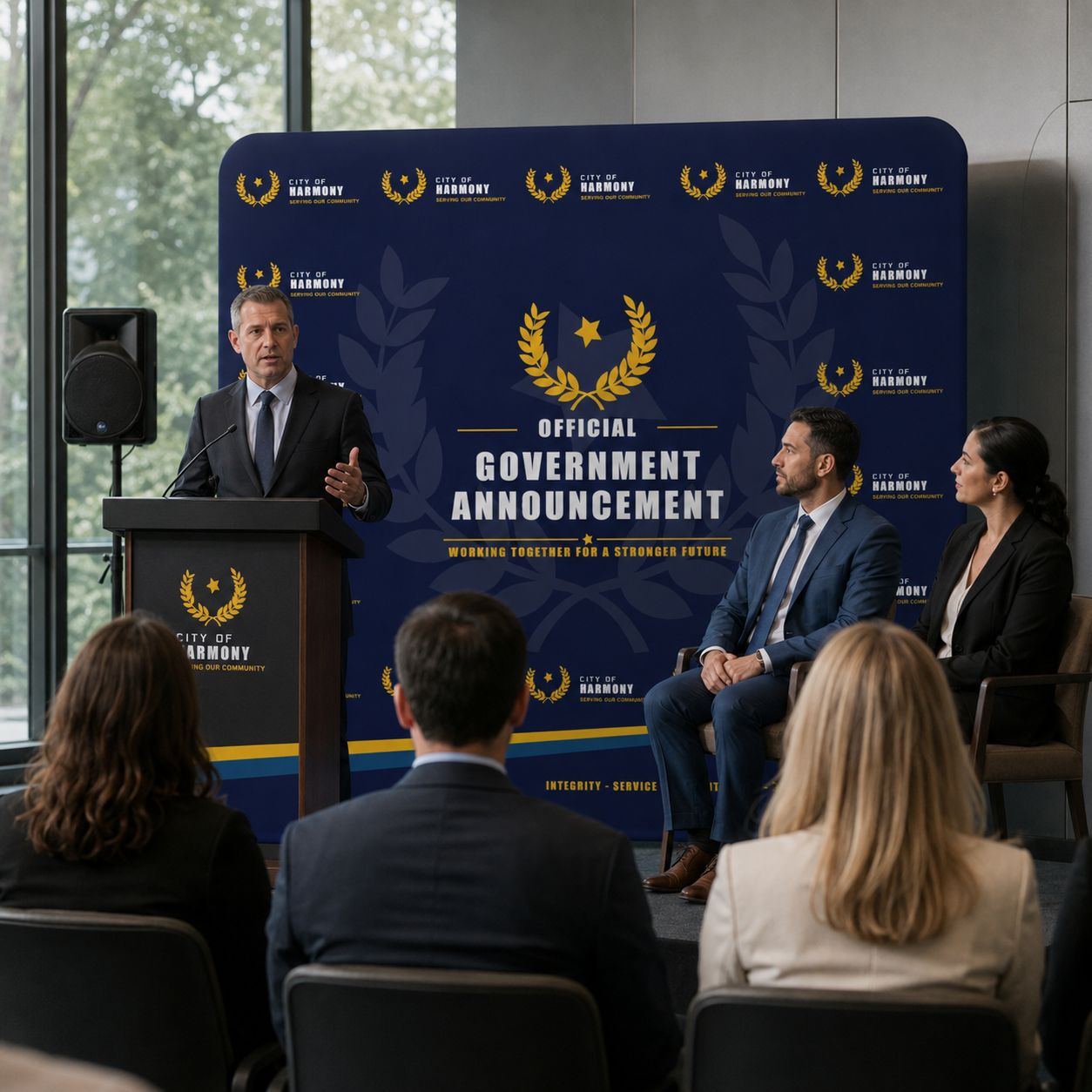 Man giving a speech at a podium with an 'Official Government Announcement' backdrop.