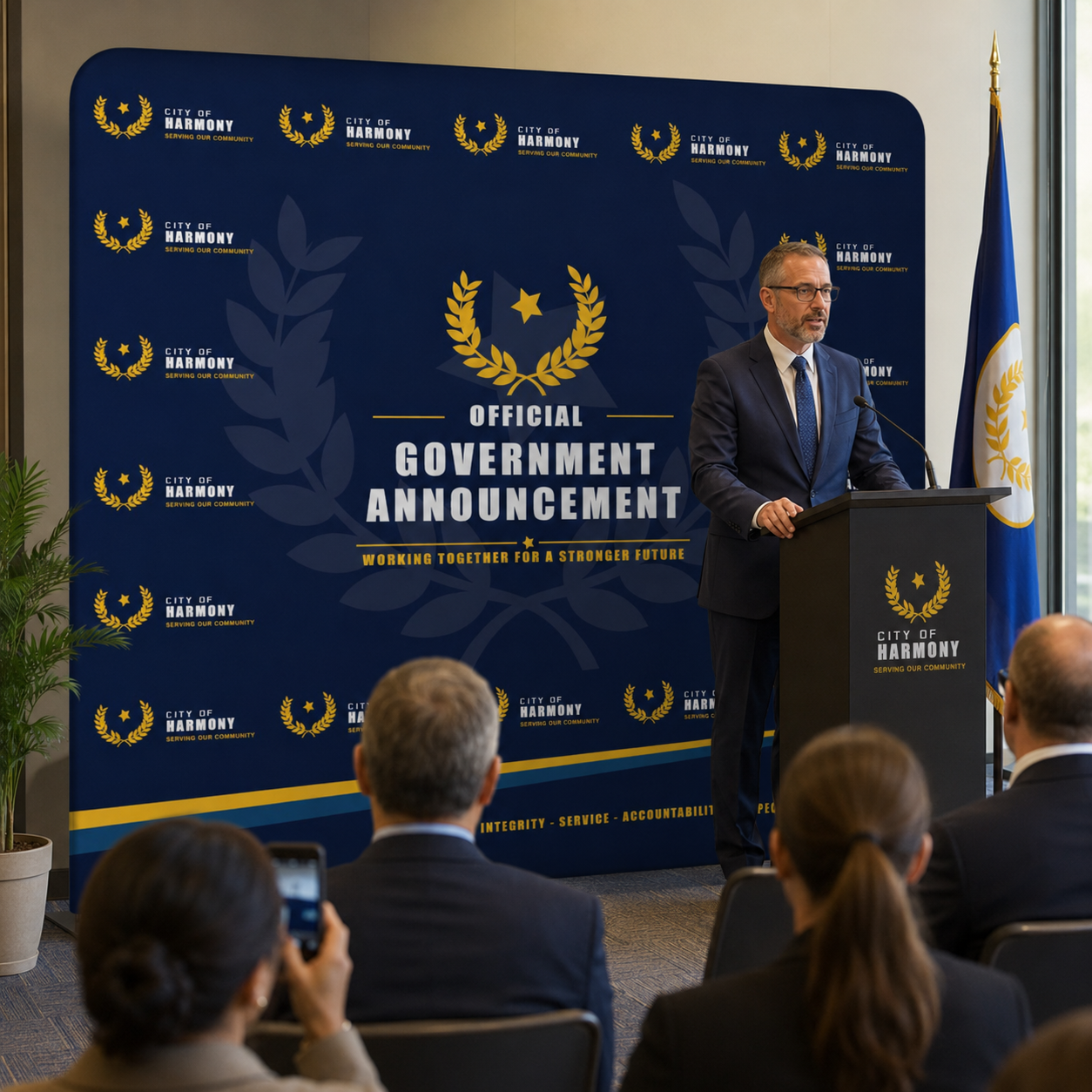 Man giving a speech at a podium with an 'Official Government Announcement' backdrop.