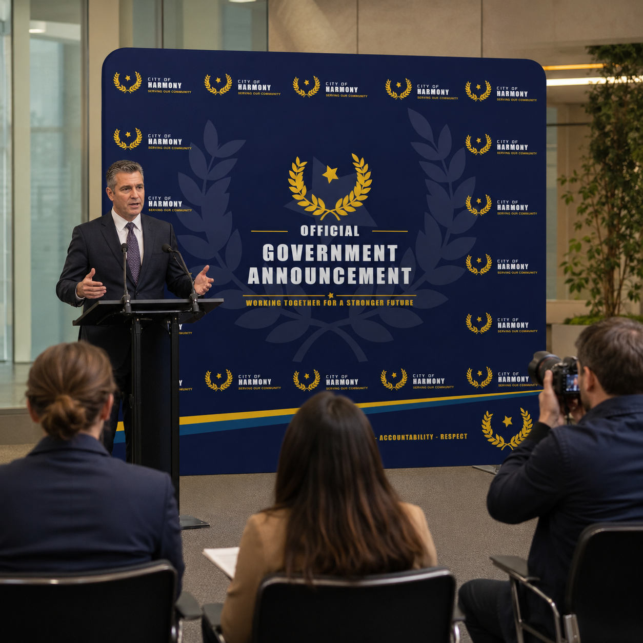 Man giving a speech at a podium with a 'Official Government Announcement' backdrop.