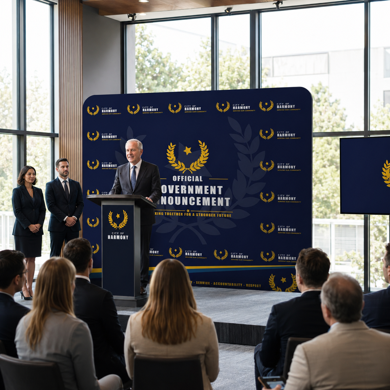 Person at a podium with 'Official Government Announcement' backdrop in a room with large windows.