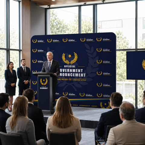 Person at a podium with 'Official Government Announcement' backdrop in a room with large windows.