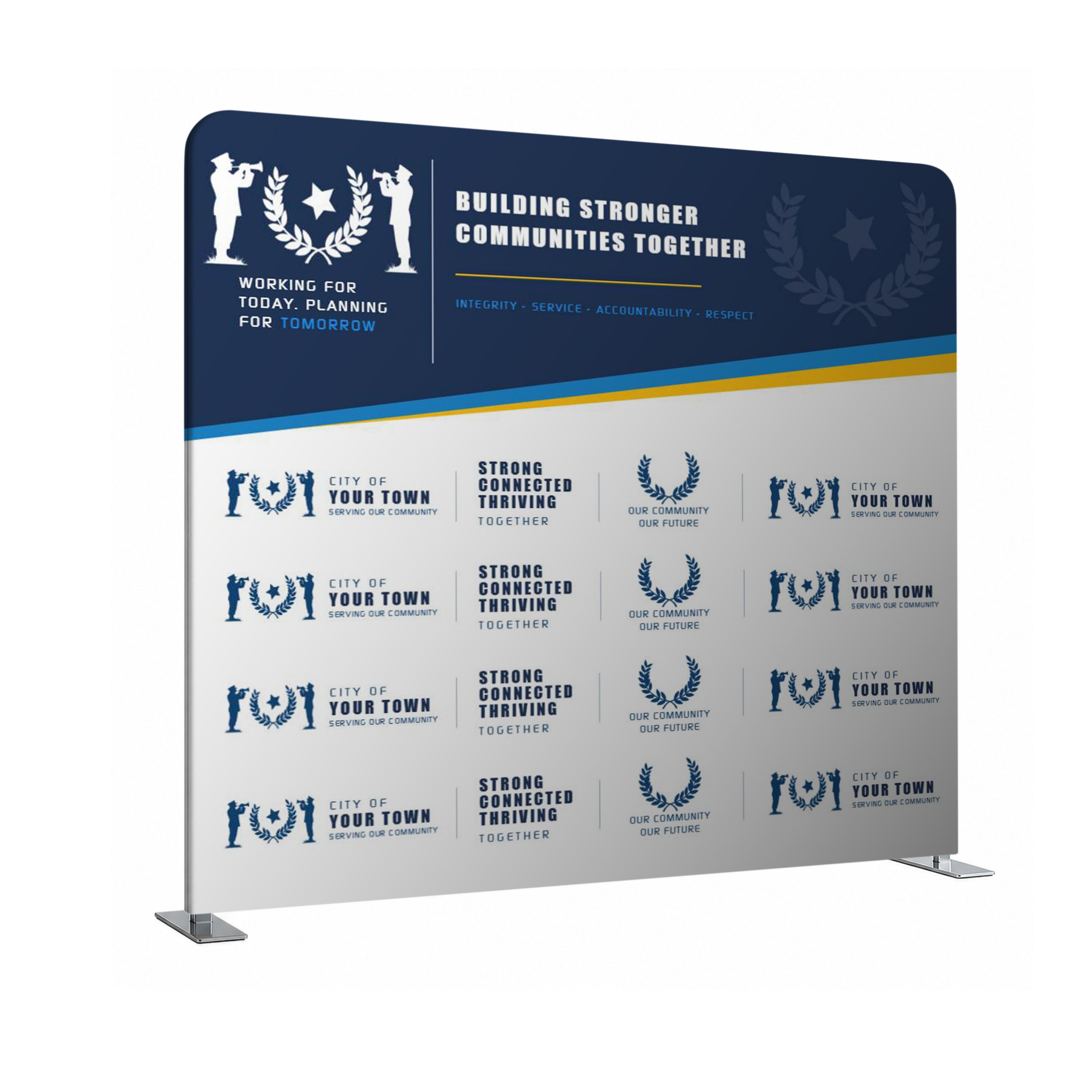 Promotional backdrop with branding and text on a white background