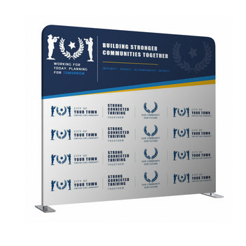 Promotional backdrop with branding and text on a white background