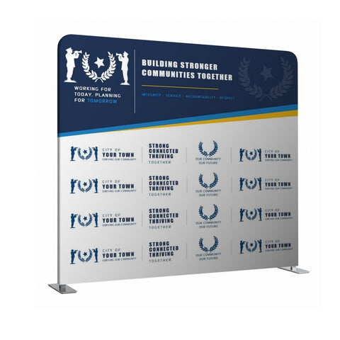 Promotional backdrop with branding and text on a white background