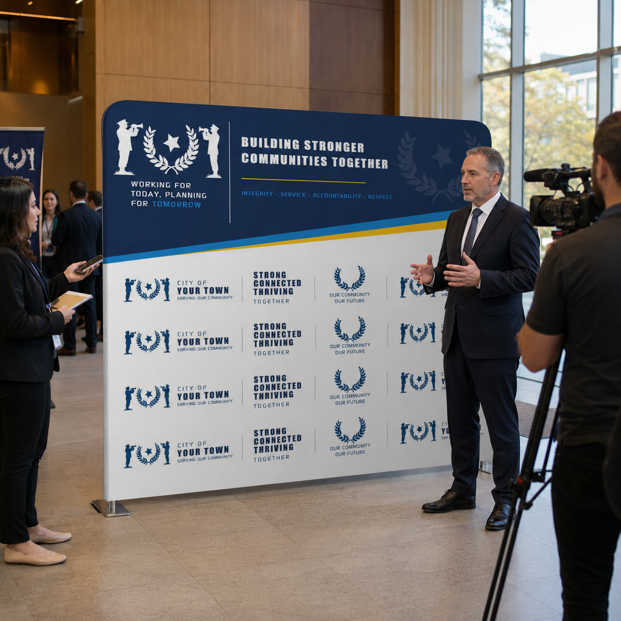 Man in a suit speaking at an event with a backdrop displaying logos and text.