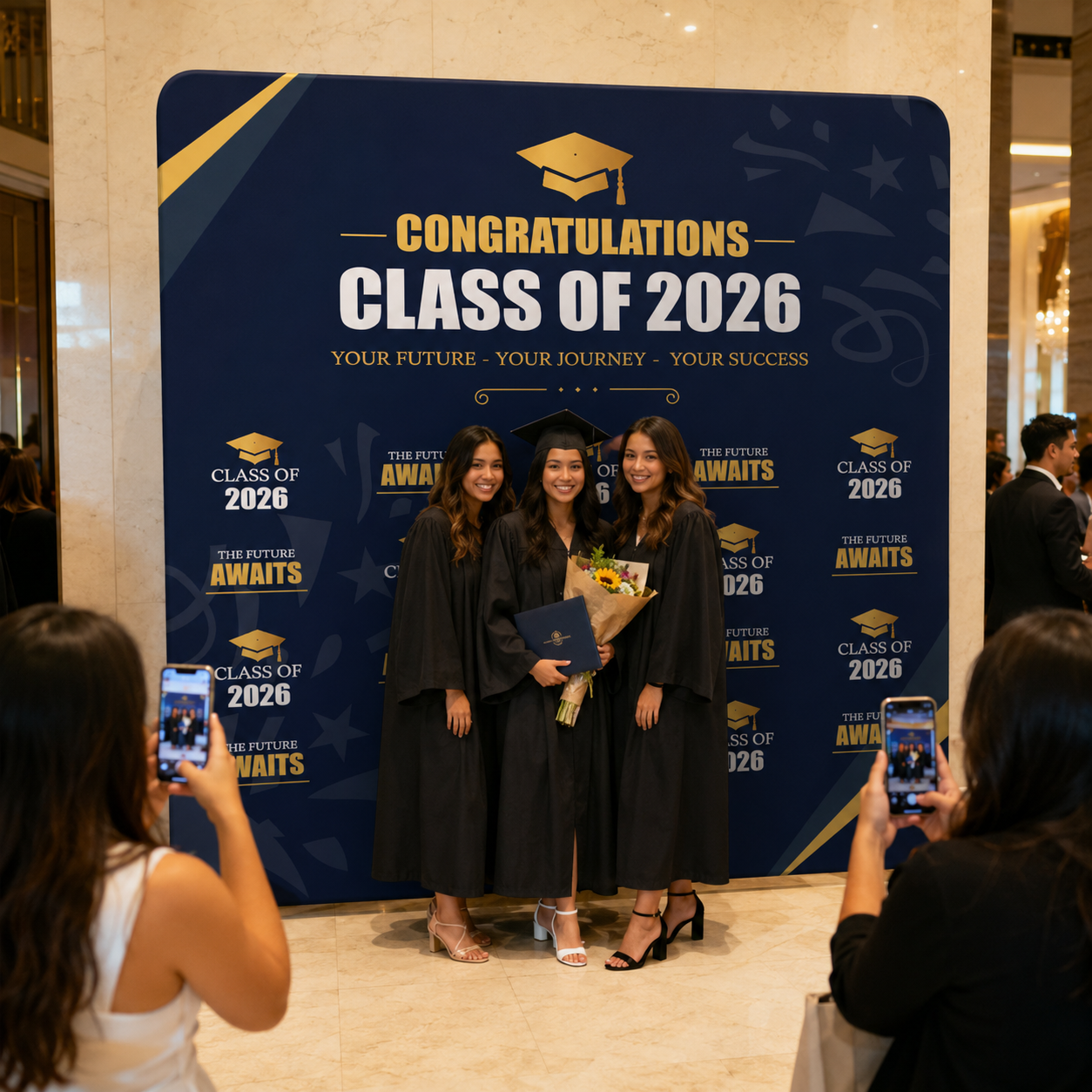 3 people standing in front of media wall during graduation