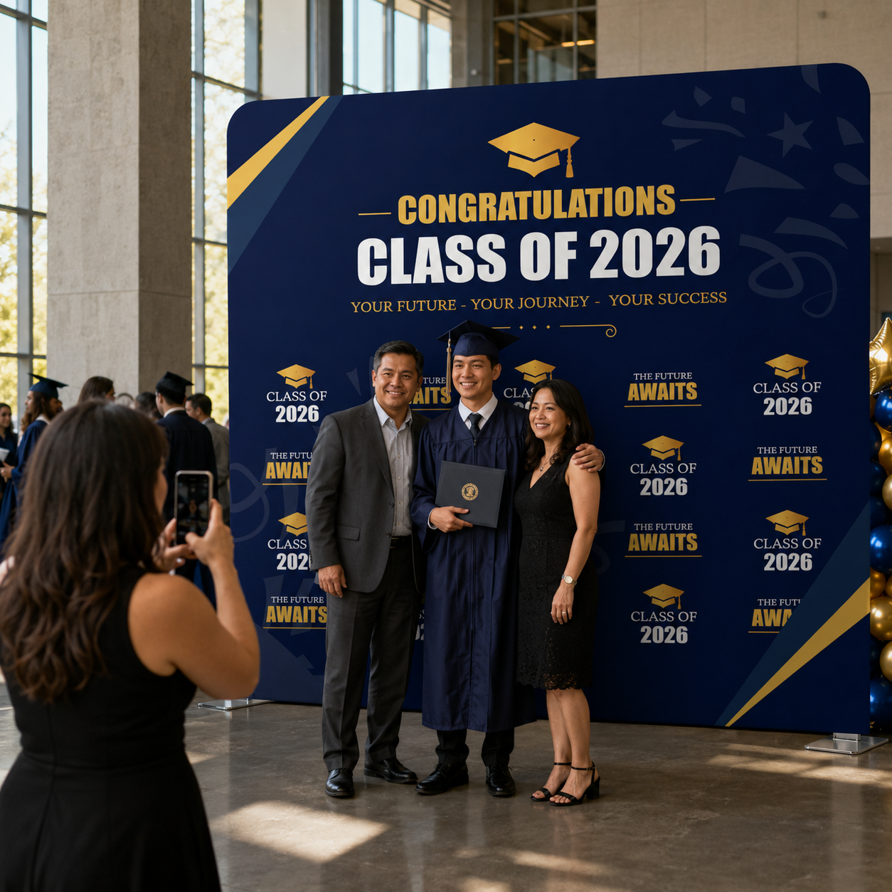 student with parents standing in front of backdrop getting photo taken.