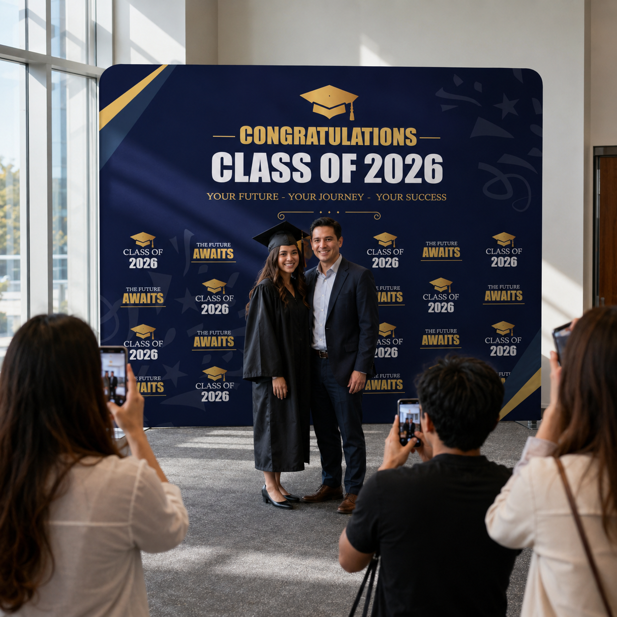 couple graduation photo with backdrop