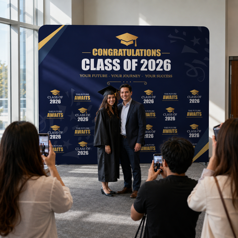 couple graduation photo with backdrop