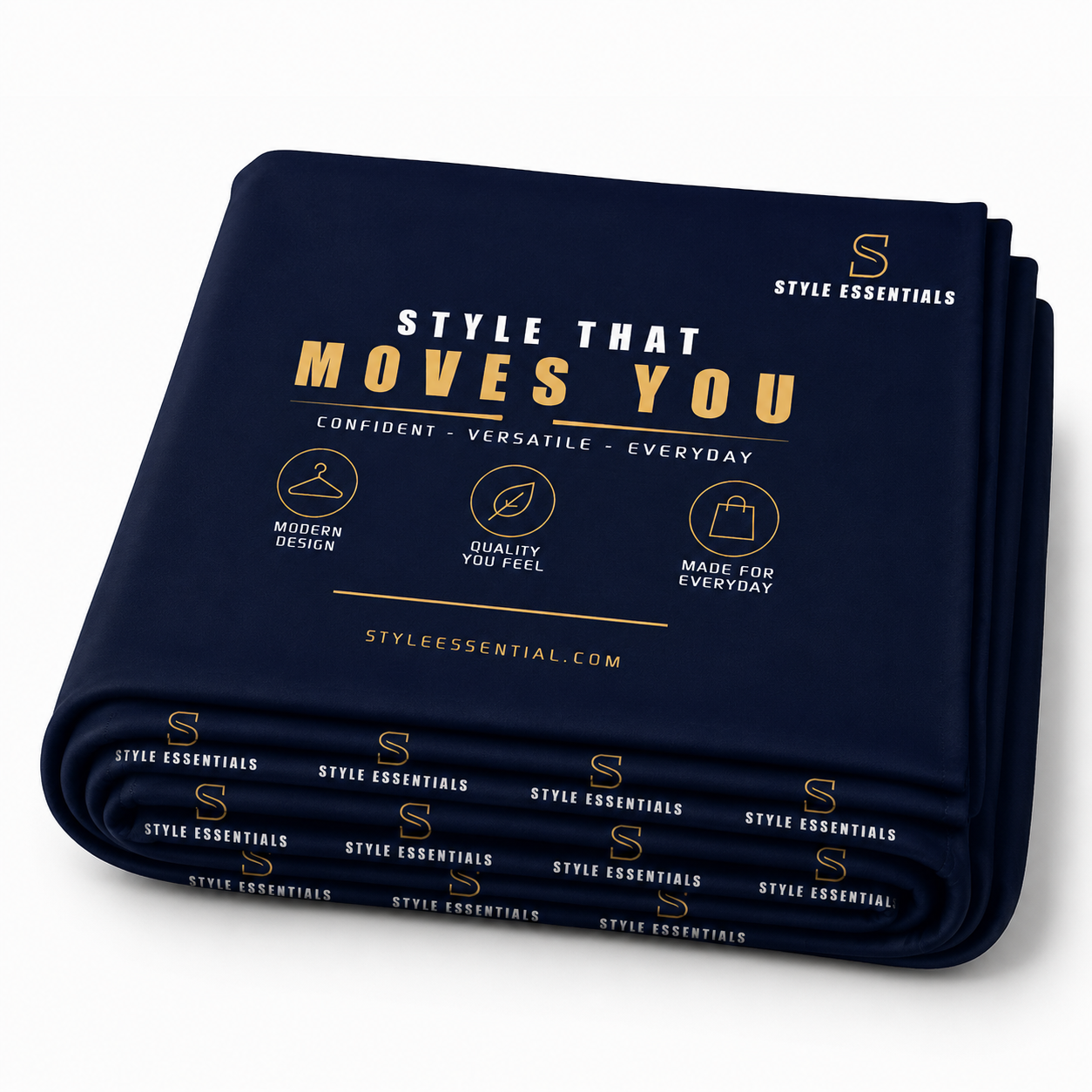 Folded navy blue fabric with branding and text on a white background