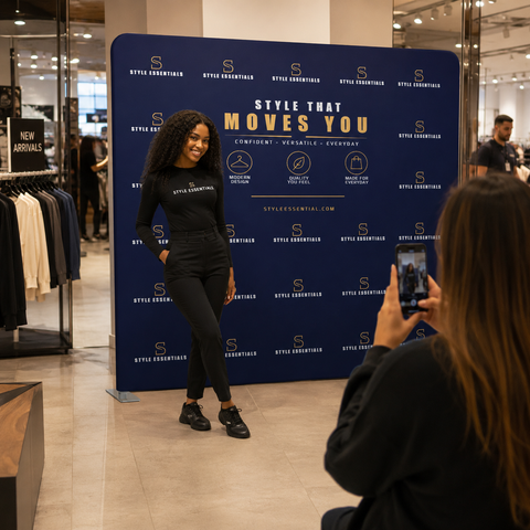 Woman taking a photo of another woman in front of a 'Style That Moves You' branded backdrop in a store.