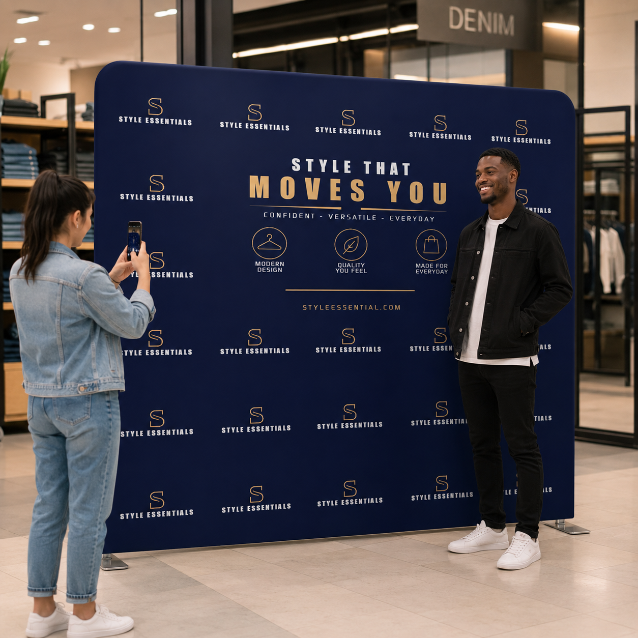 Two people standing in front of a branded backdrop with 'Style That Moves You' text.