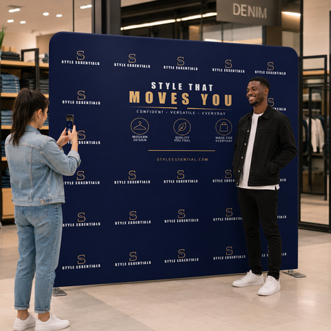 Two people standing in front of a branded backdrop with 'Style That Moves You' text.