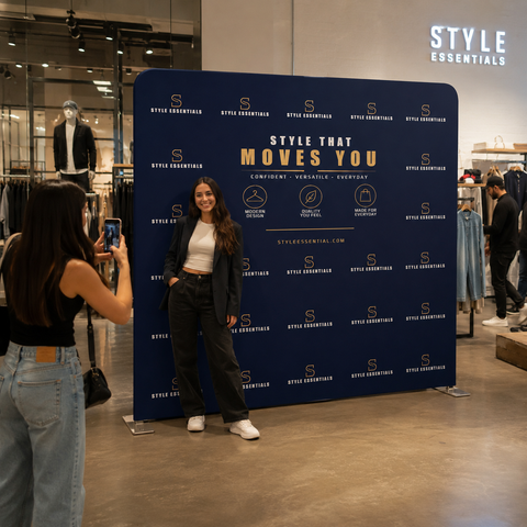 Woman posing in front of a 'Style Essentials' branded backdrop in a store.