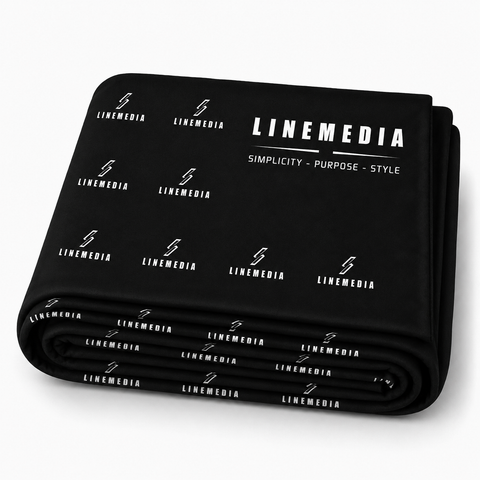 Black Media Wall Skin with LINEMEDIA branding on a white background
