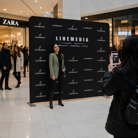 Woman posing in front of a LINEMEDIA branded backdrop in a shopping mall.