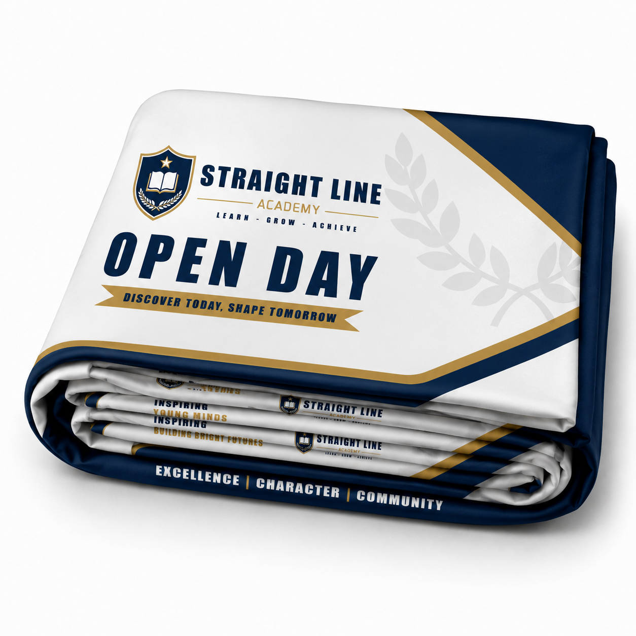 Promotional media wall skin for Straight Line Academy Open Day with branding elements.