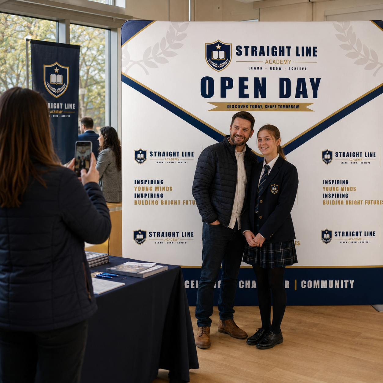 Two people posing for a photo in front of a 'Straight Line Academy Open Day' banner.