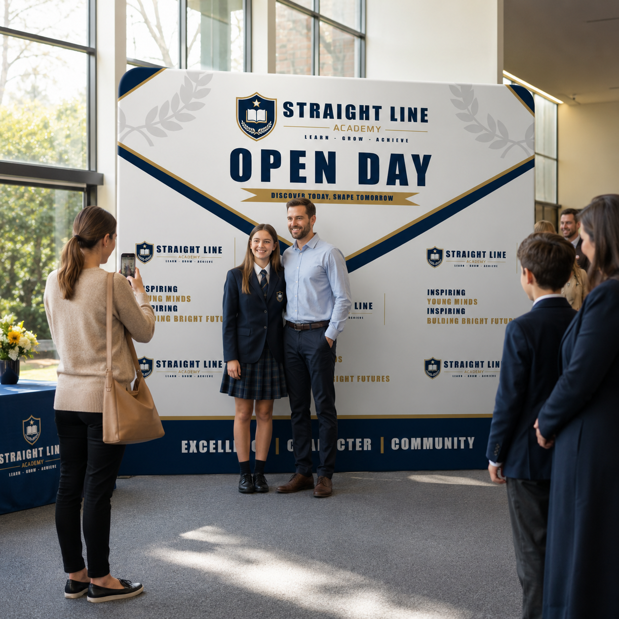 Group of people at a Straight Line Academy Open Day event.
