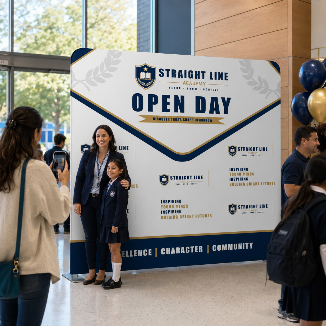 Woman and child posing in front of a 'Straight Line Academy Open Day' sign.