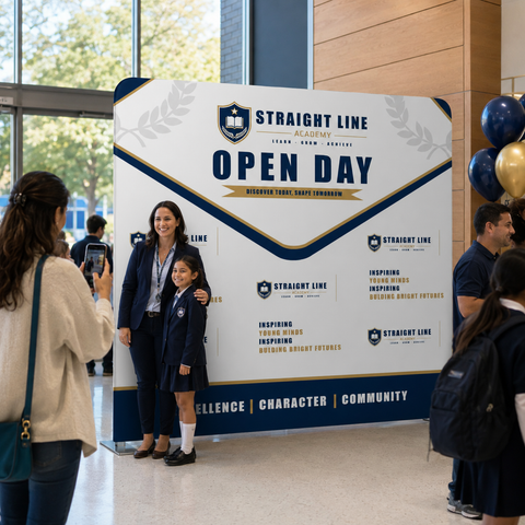 Woman and child posing in front of a 'Straight Line Academy Open Day' sign.