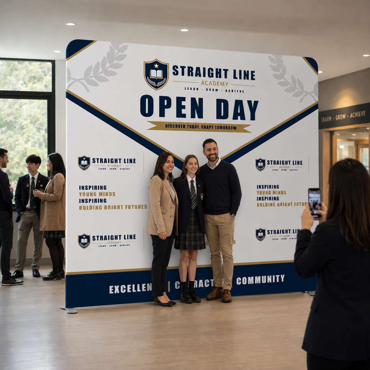 Family posing in front of a 'Straight Line Open Day' banner in an indoor setting.