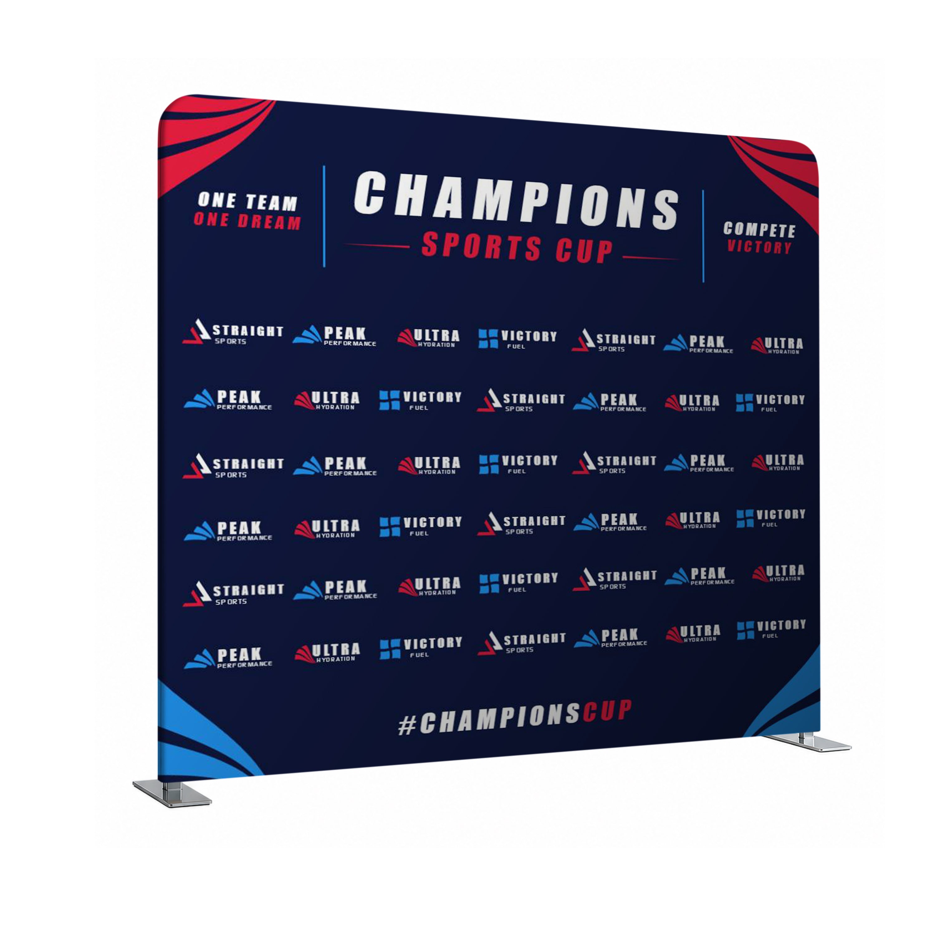 Promotional backdrop with 'Champions Sports Cup' branding on a white background