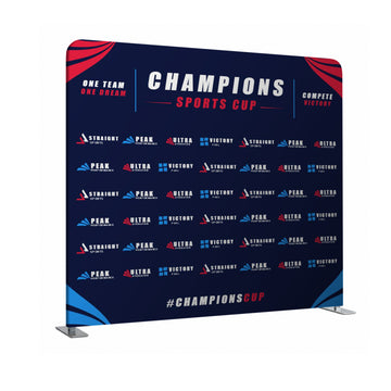Promotional backdrop with 'Champions Sports Cup' branding on a white background