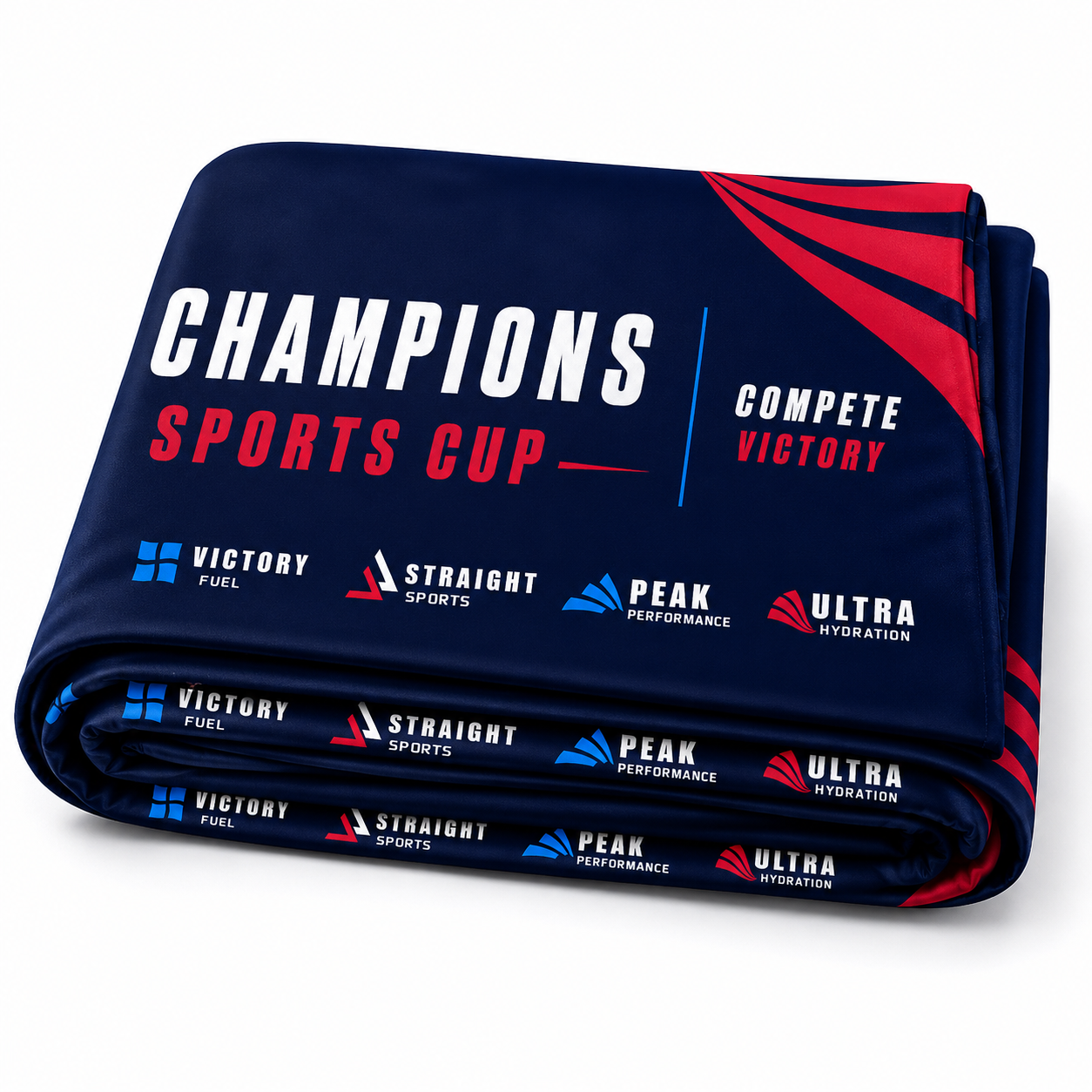 Folded towel with 'Champions Sports Cup' branding and logos on a white background
