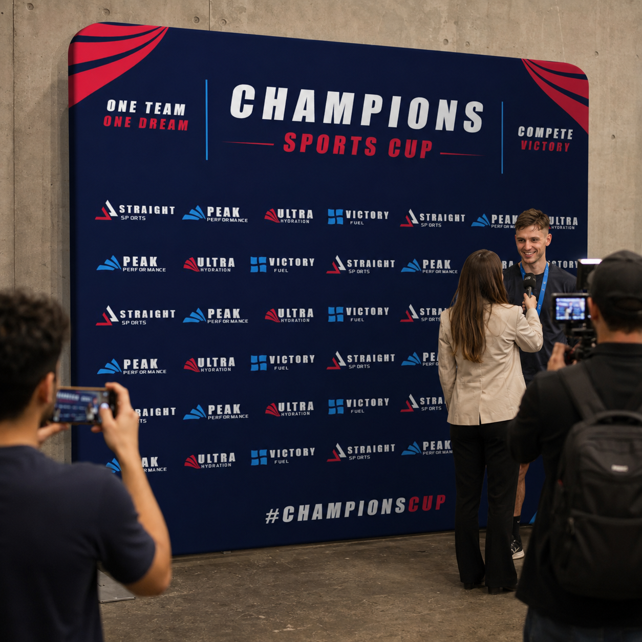 People taking photos in front of a Champions Sports Cup backdrop with multiple brand logos.