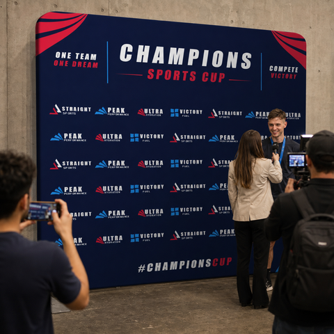 People taking photos in front of a Champions Sports Cup backdrop with multiple brand logos.