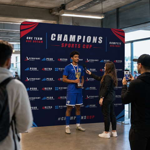 Person in blue sports uniform holding a trophy in front of a Champions Sports Cup backdrop