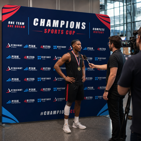 Athlete being interviewed after a sports event with a 'Champions Sports Cup' backdrop.