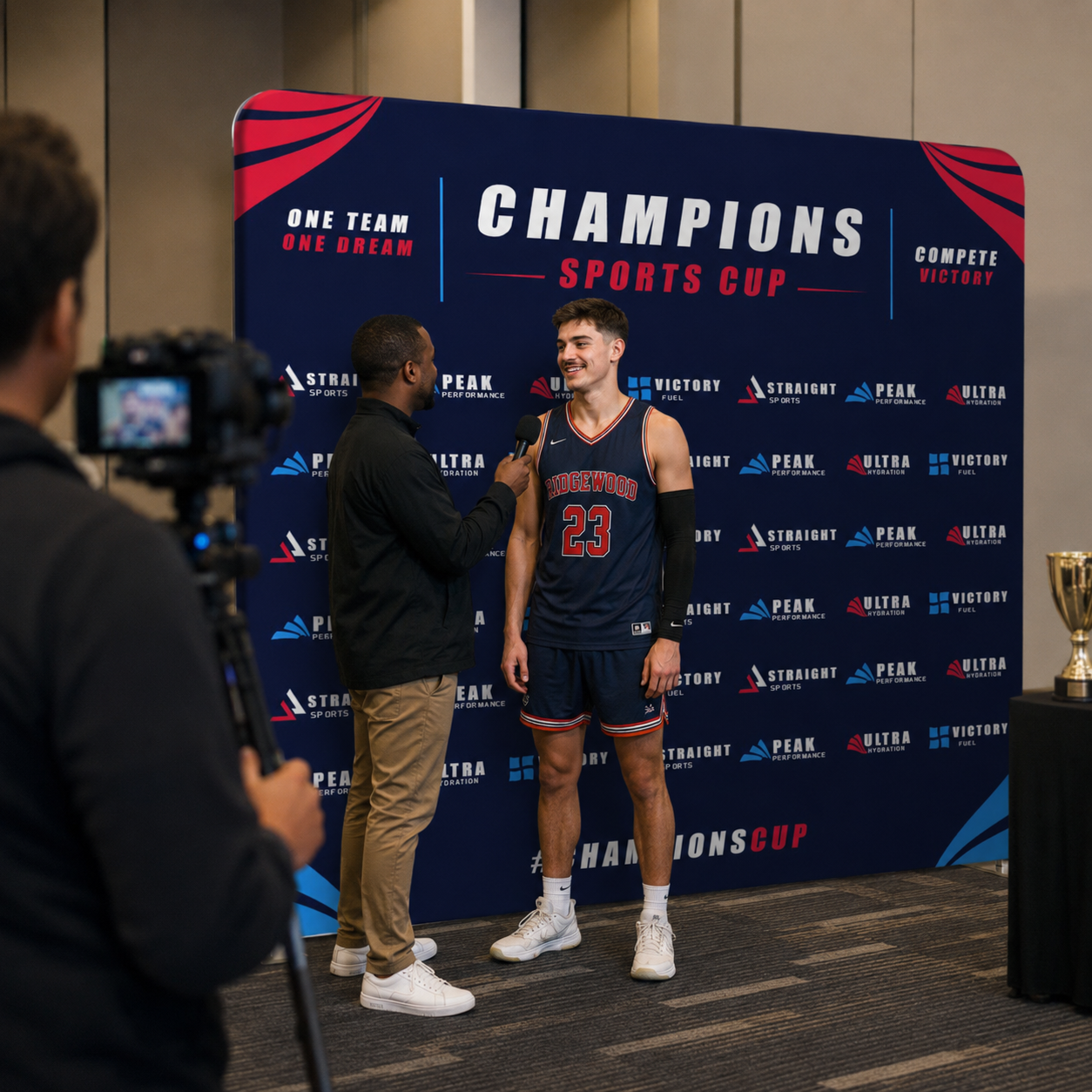 Person in sports jersey being interviewed at a Champions Sports Cup event