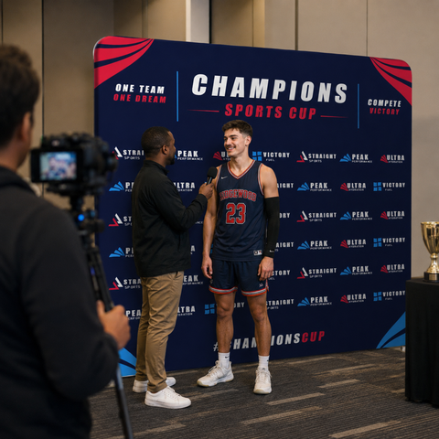 Person in sports jersey being interviewed at a Champions Sports Cup event
