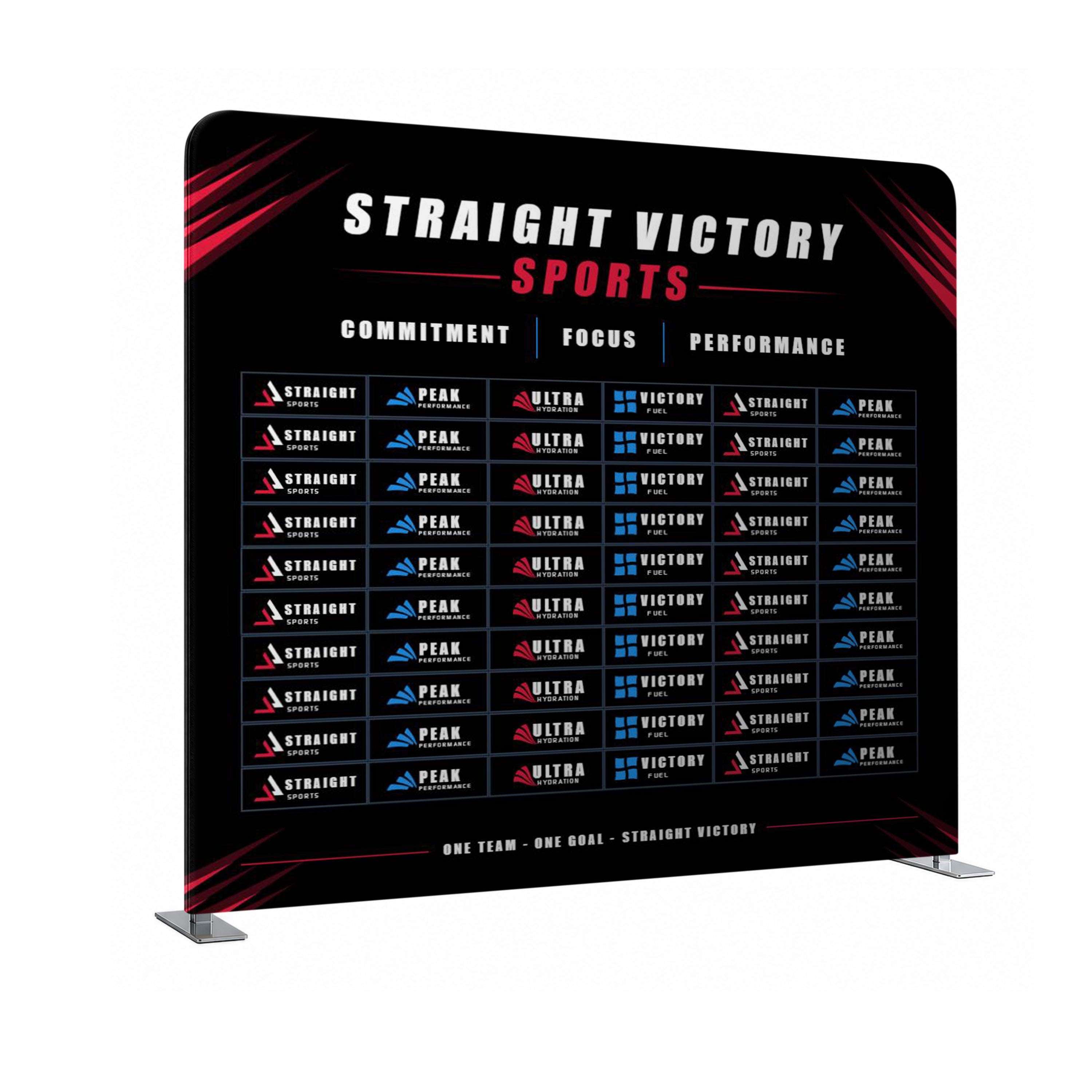 Straight Victory Sports display stand with branding and text on a black background