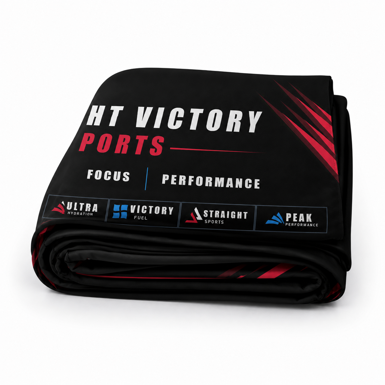 Folded media wall skin with 'Victory Sports' branding and logos on a white background