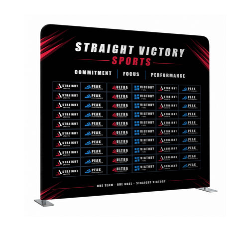 Straight Victory Sports display stand with branding and text on a black background