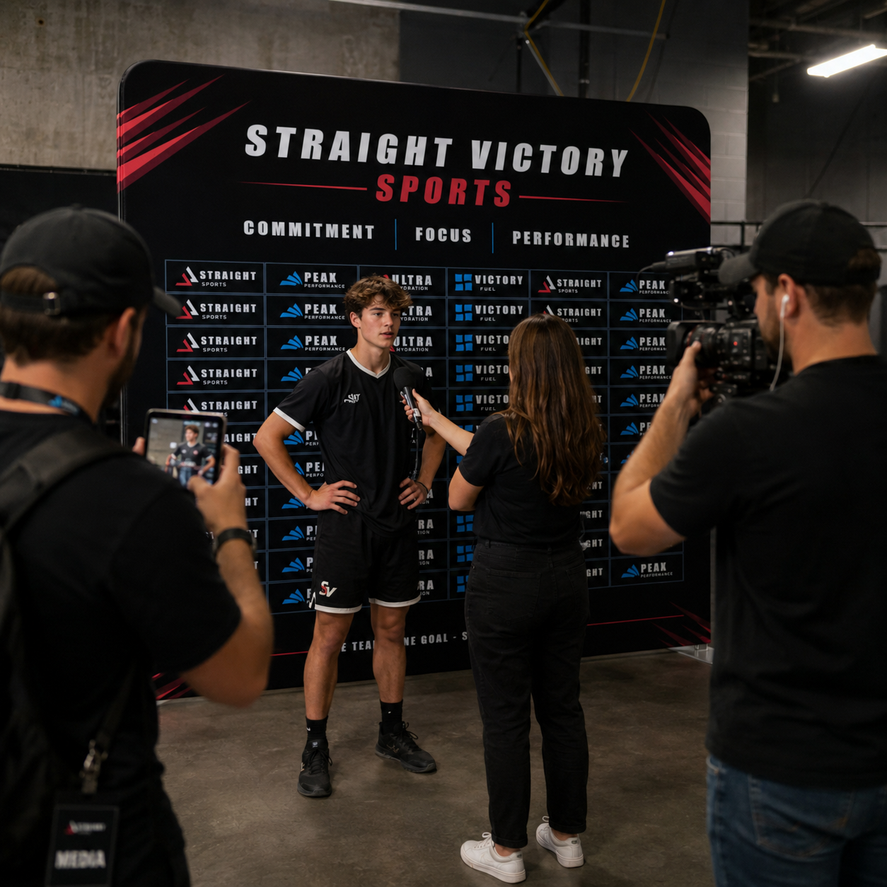 Person being interviewed by media in front of a 'Straight Victory Sports' backdrop