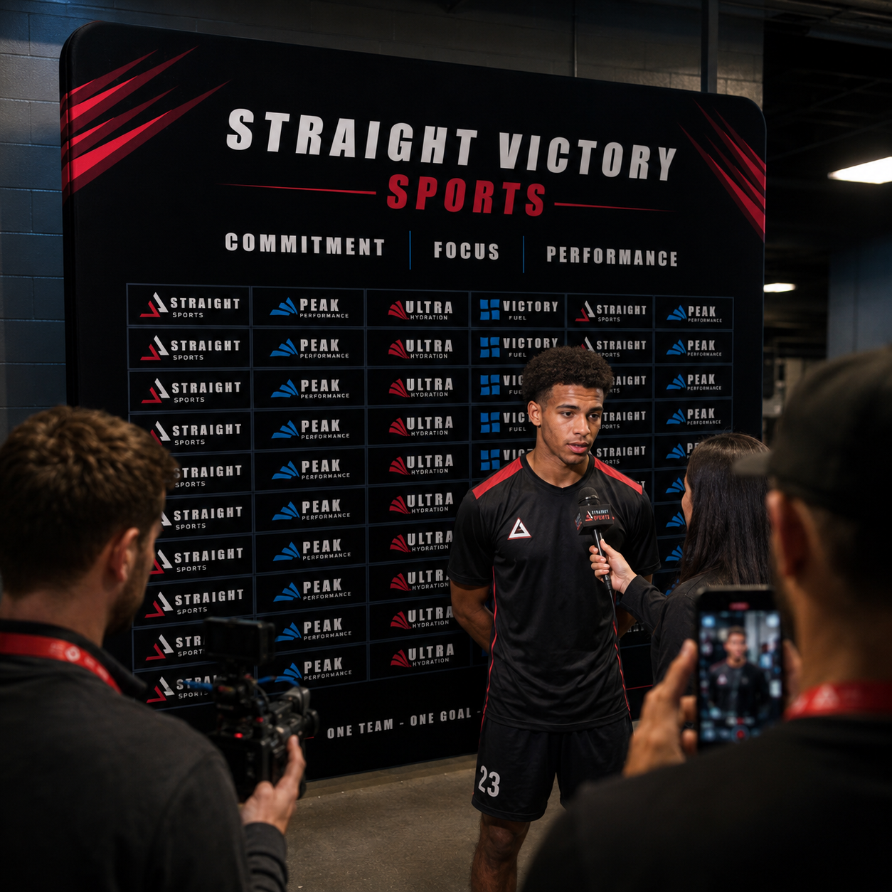 Person being interviewed in front of a 'Straight Victory Sports' backdrop