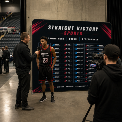 Basketball player in a red and black uniform with the number 23 standing in front of a 'Straight Victory Sports' backdrop.