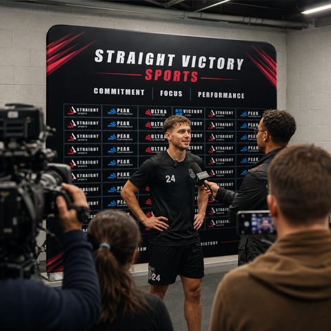 Person in sports attire being interviewed with 'Straight Victory Sports' branding in the background