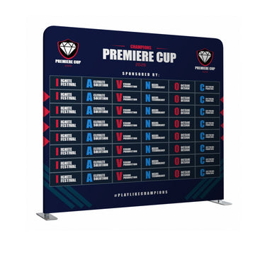 Promotional backdrop for the 'Premiere Cup' with multiple sponsor logos on a blue background.