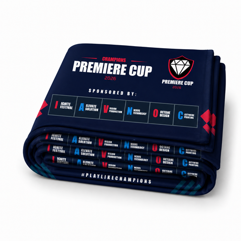 Folded blue media wall skin with 'Premiere Cup' branding and sponsor logos on a white background