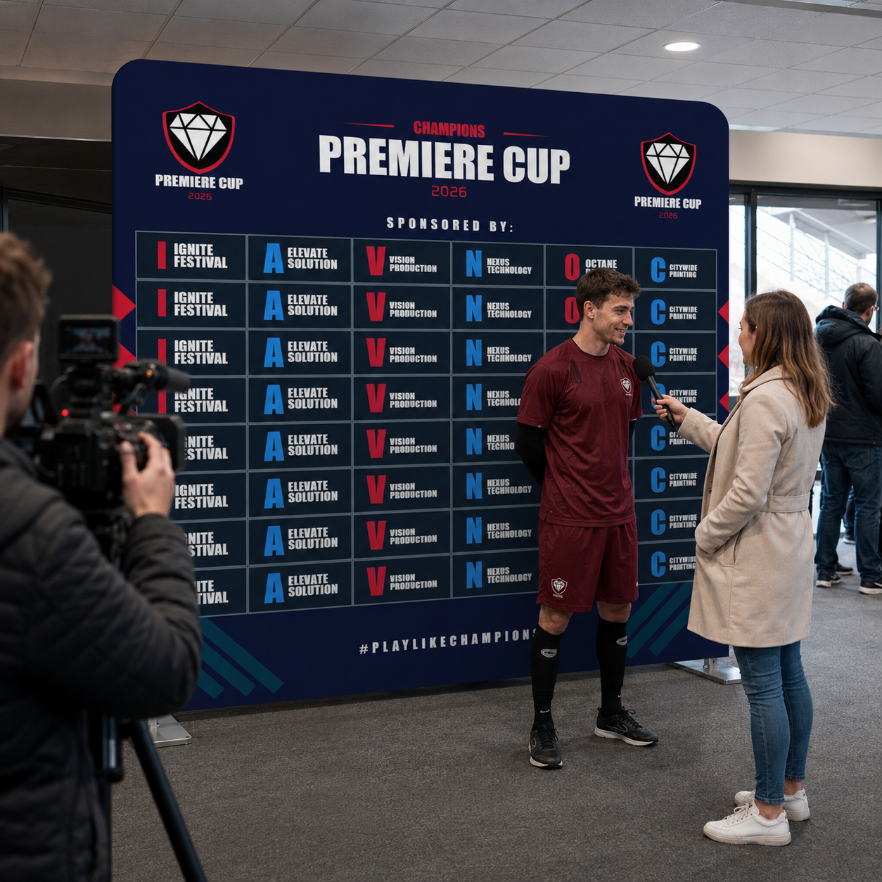 Person in sports attire being interviewed by a reporter against a 'Premiere Cup' branded backdrop.