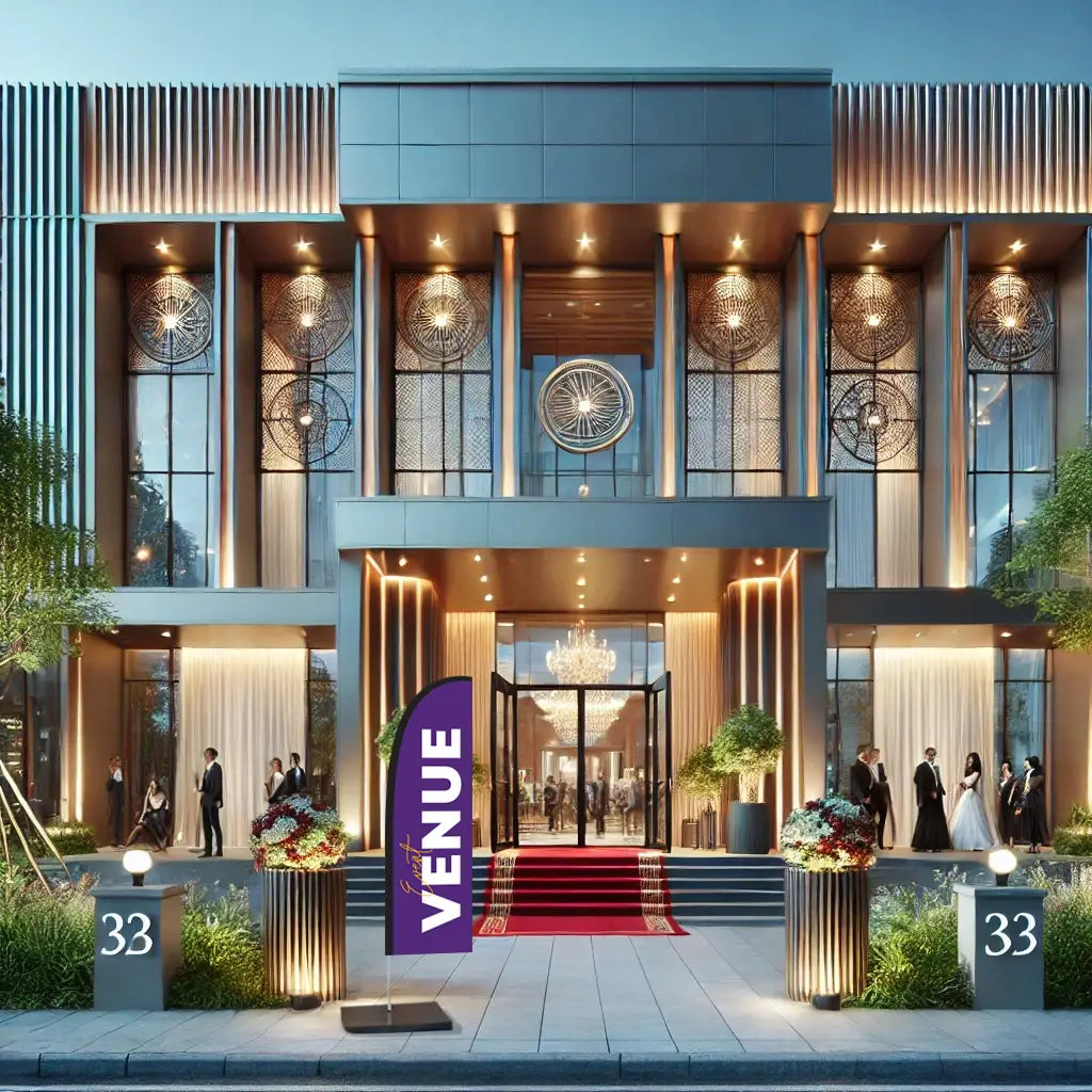 Venue PURPLE feather flag EVENT venue