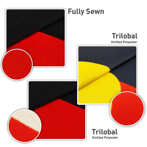 Comparison of Aboriginal flag fabric types showing fully sewn stitching and trilobal printed polyester details
