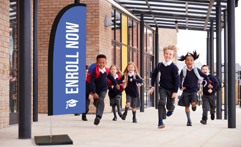 enroll now royal blue feather flag school