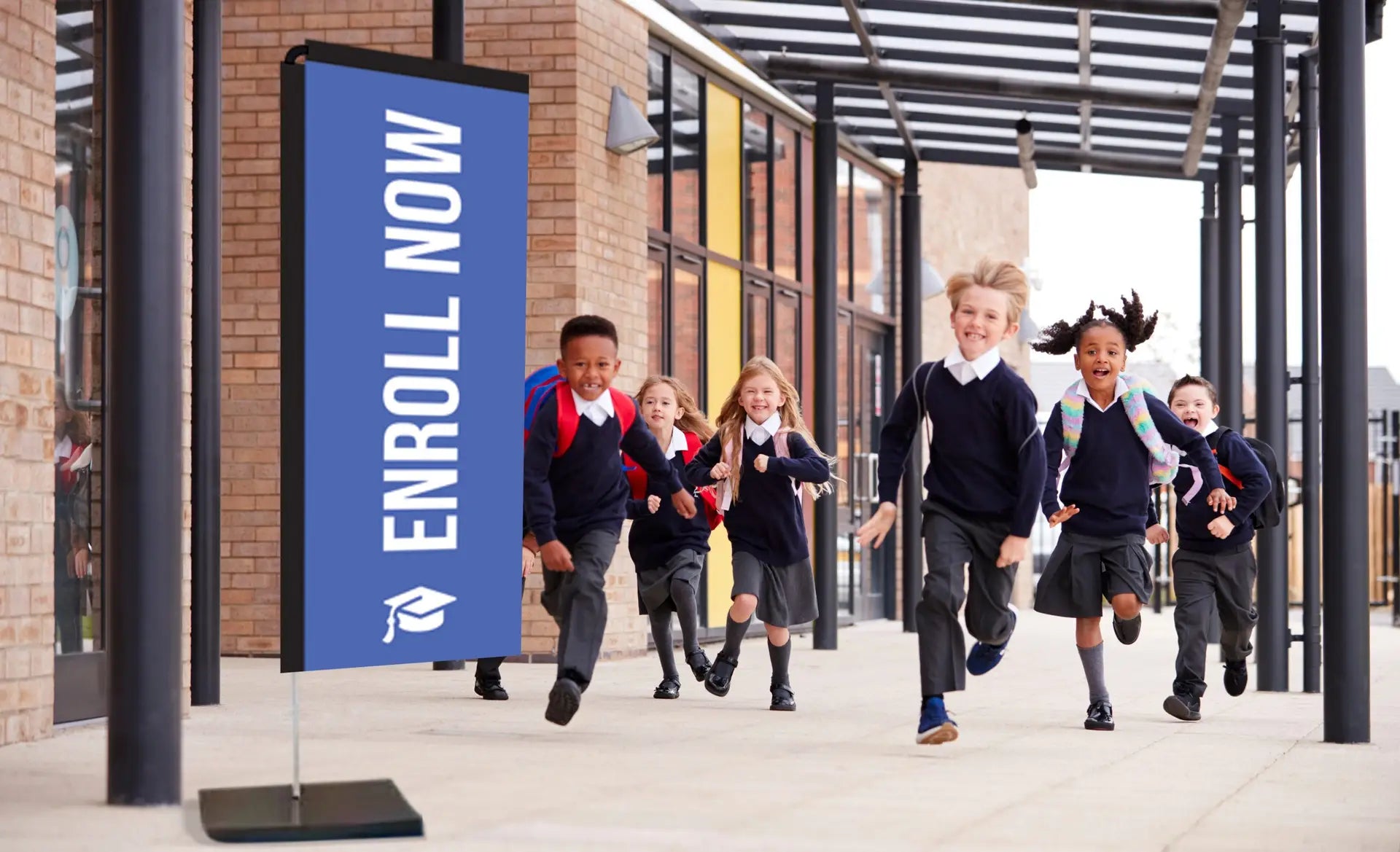 enroll now royal blue rectangle flag school